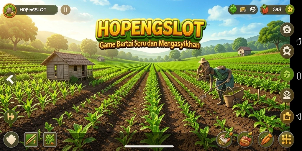 Screenshot gameplay HOPENGSLOT yang menunjukkan aktivitas bertani yang seru.