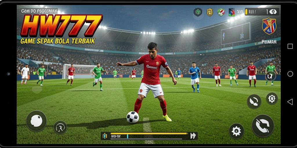 Tampilan gameplay seru dalam HW777 dengan aksi sepak bola yang mendebarkan.